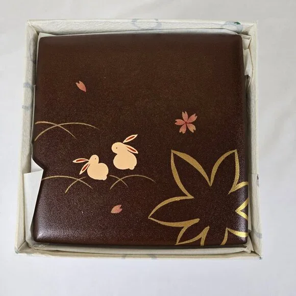 Japanese Jubako Stacked Box Brown w/Red Lacquer Interior Bunnies and Flowers